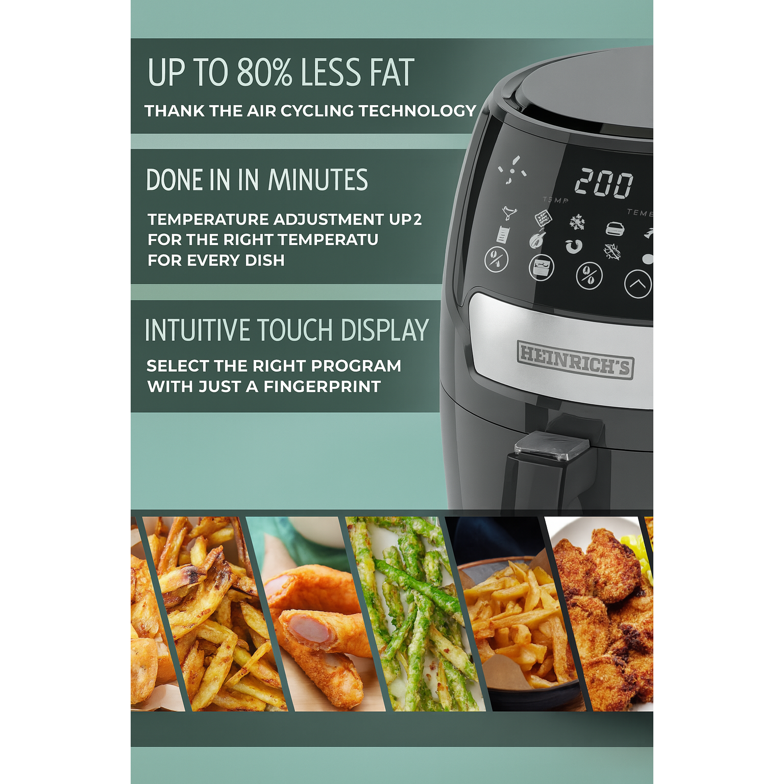 Air fryer with text highlighting features and images of cooked foods.