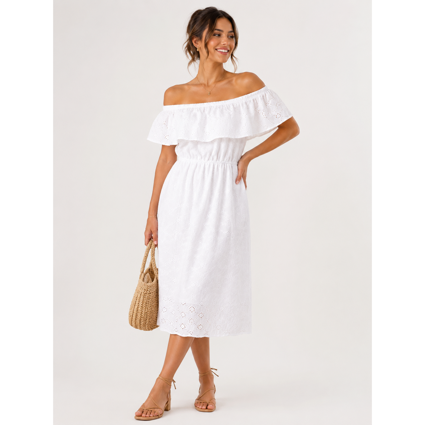 White Broderie Off-Shoulder Midi Dress