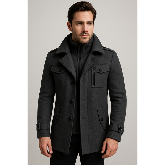 Men's Winter Wool-Blend Fleece Coat – Warm Long Collar Jacket Dark Grey