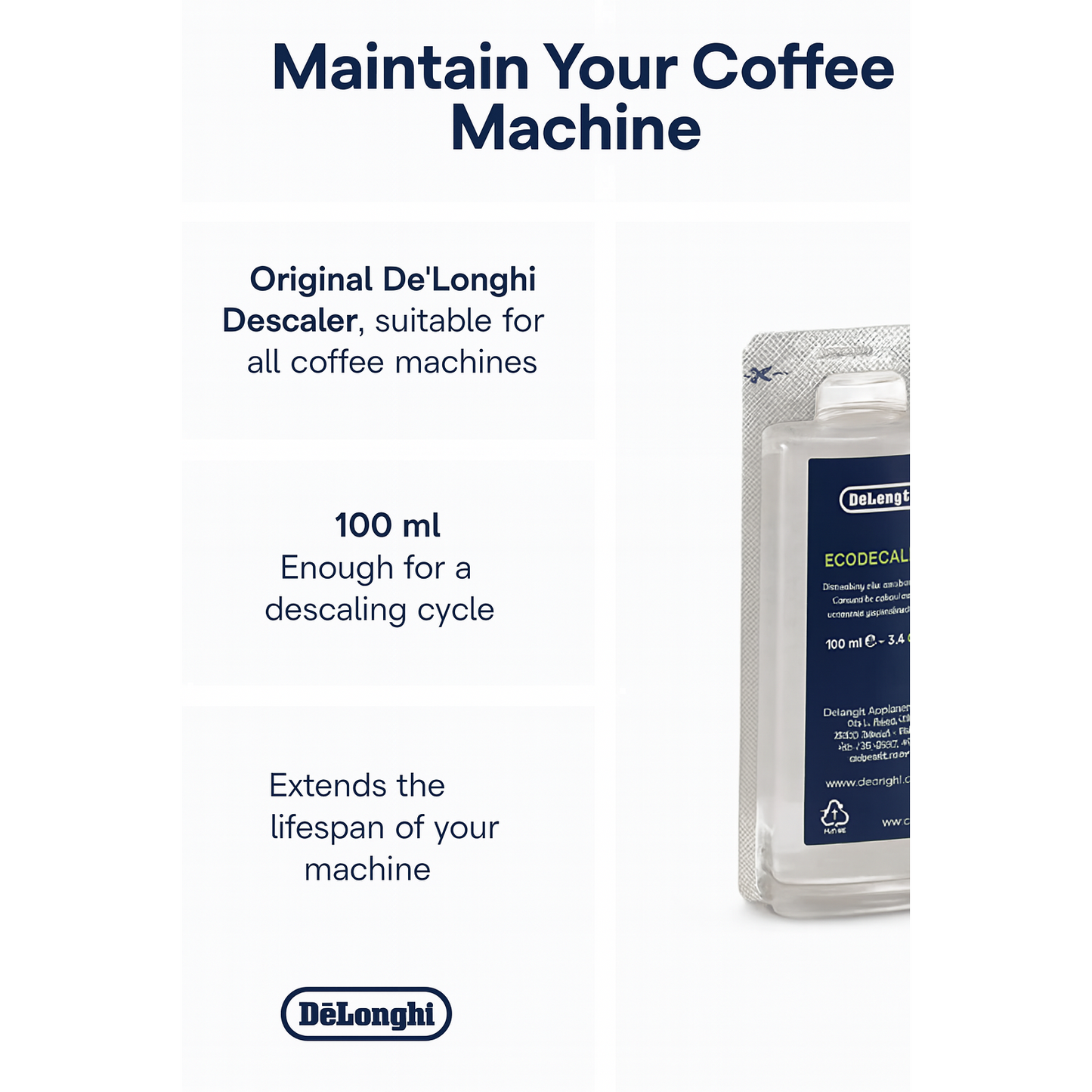 De'Longhi EcoDecalk 100ml Eco-Friendly Natural Limescale Coffee Machine Descaler