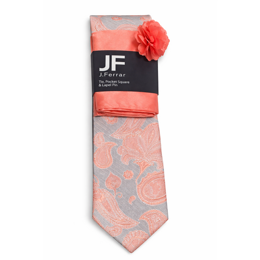 J.Ferrar Coral Paisley Tie, Pocket Square, and Lapel Pin Set