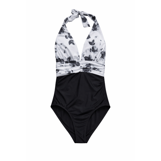 SW Ladies Black-White Floral Tied Alter neck Swimwear Costume