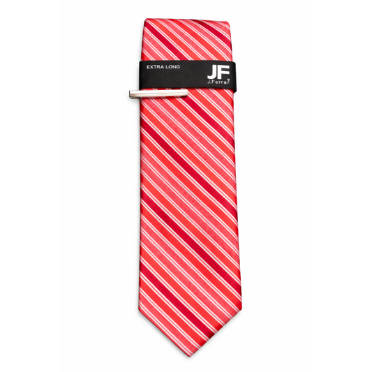 J.Ferrar Extra Long Red Striped Necktie with Silver Tie Bar