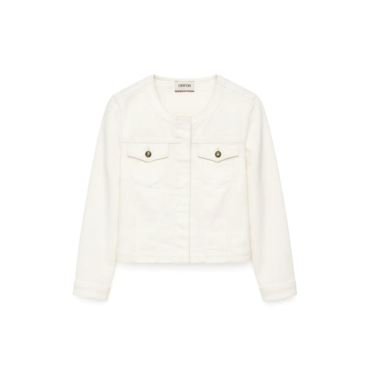 Cartoon Women’s White Denim Jacket – Rounded Neck, Button-Free Front - Gomix Brands Outlet