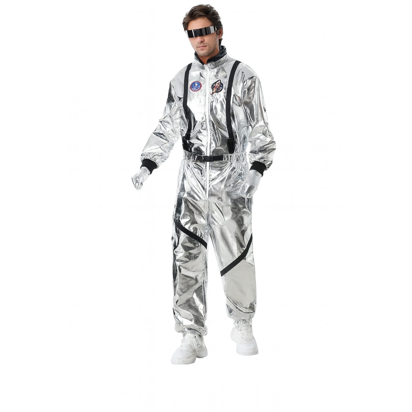 Silver Adult Astronaut Jumpsuit Costume with Helmet and Sunglasses