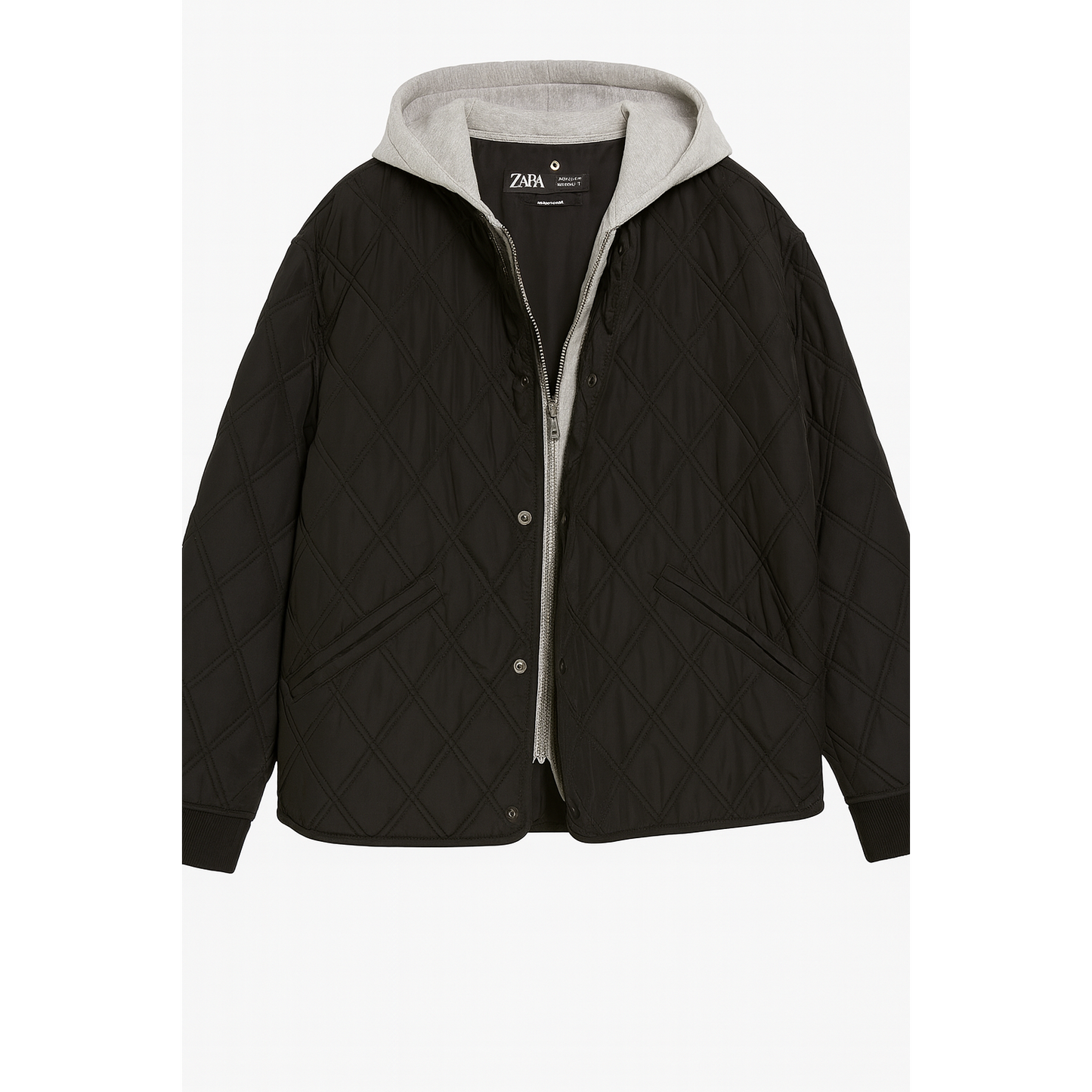 Black quilted jacket with gray hood and interior on a white background