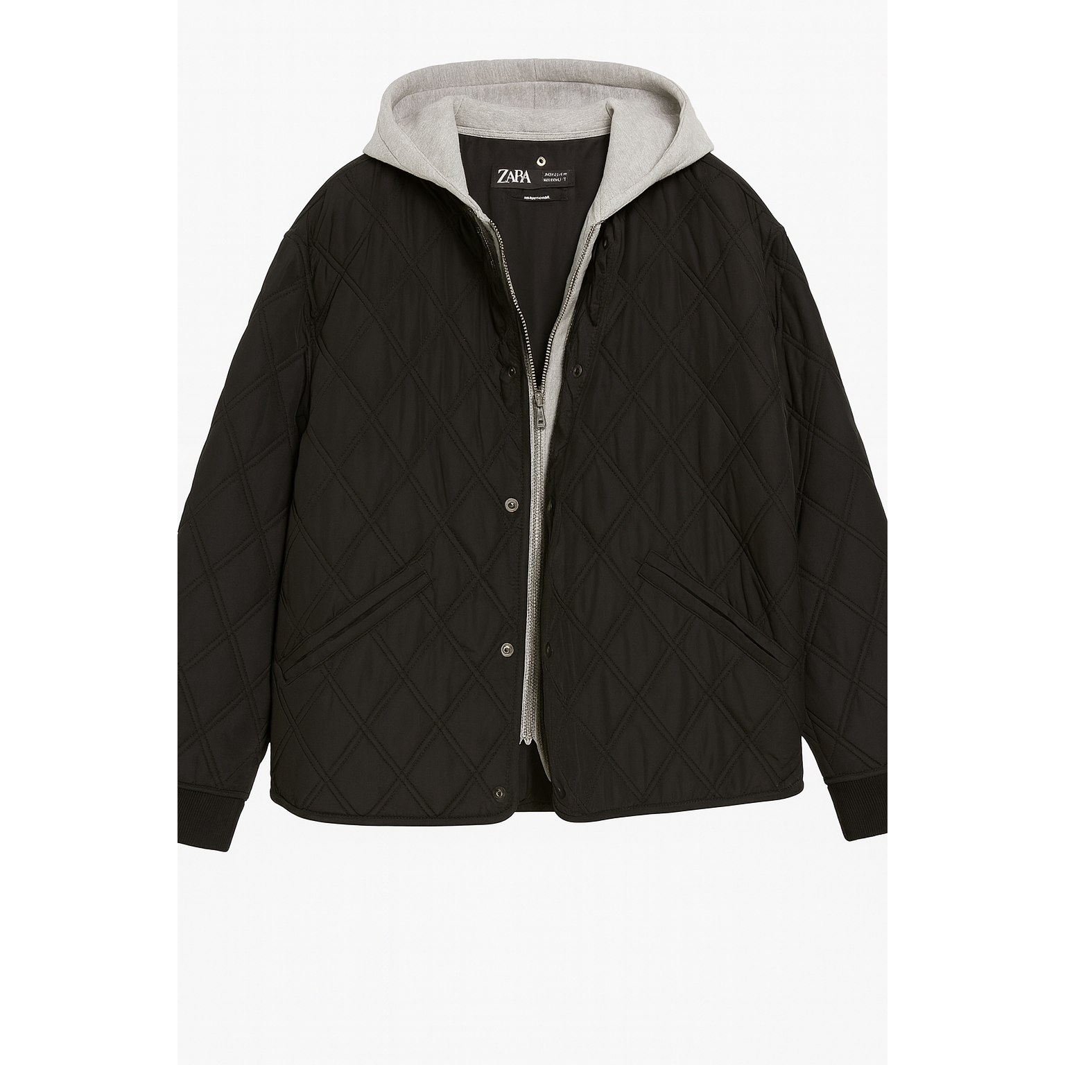 Black quilted jacket with gray hood and interior on a white background