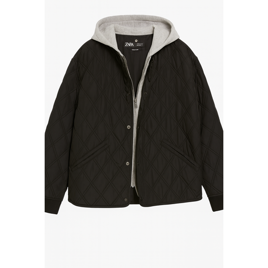 Black quilted jacket with gray hood and interior on a white background