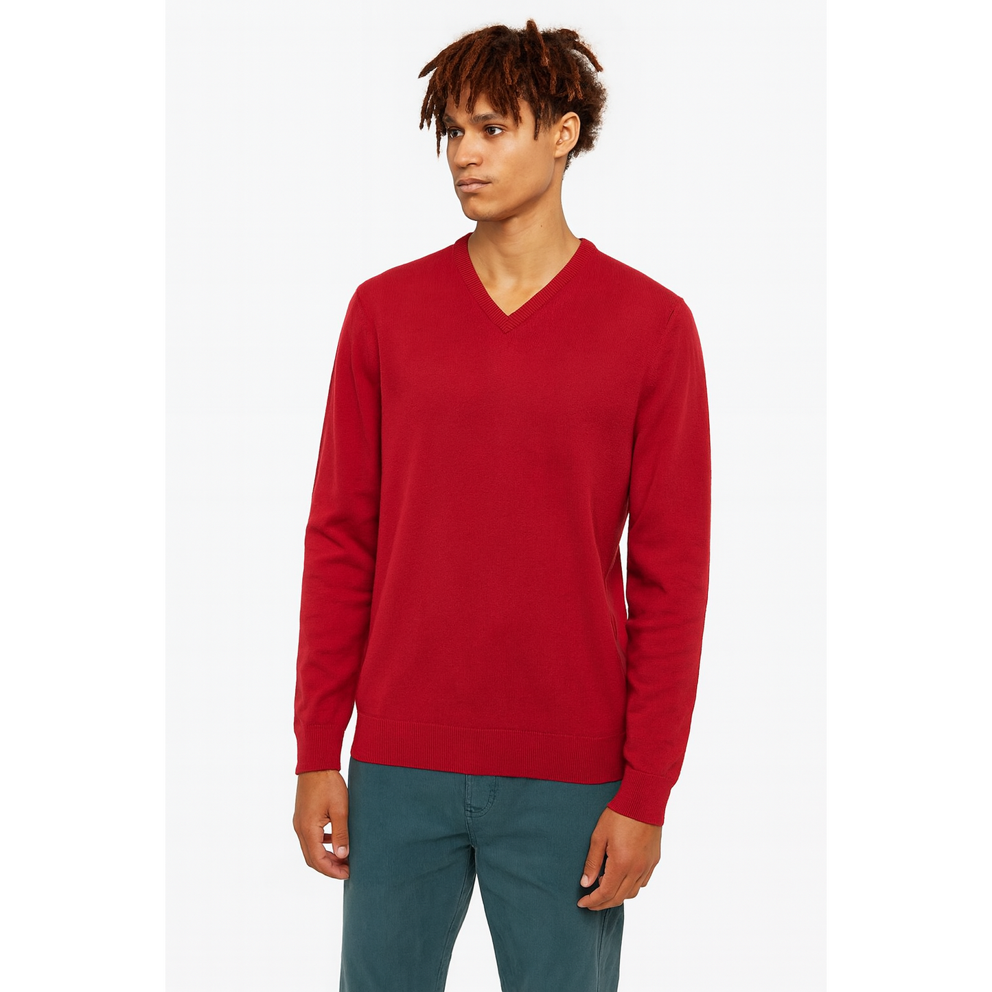 red V-neck sweater from Jack Stuart