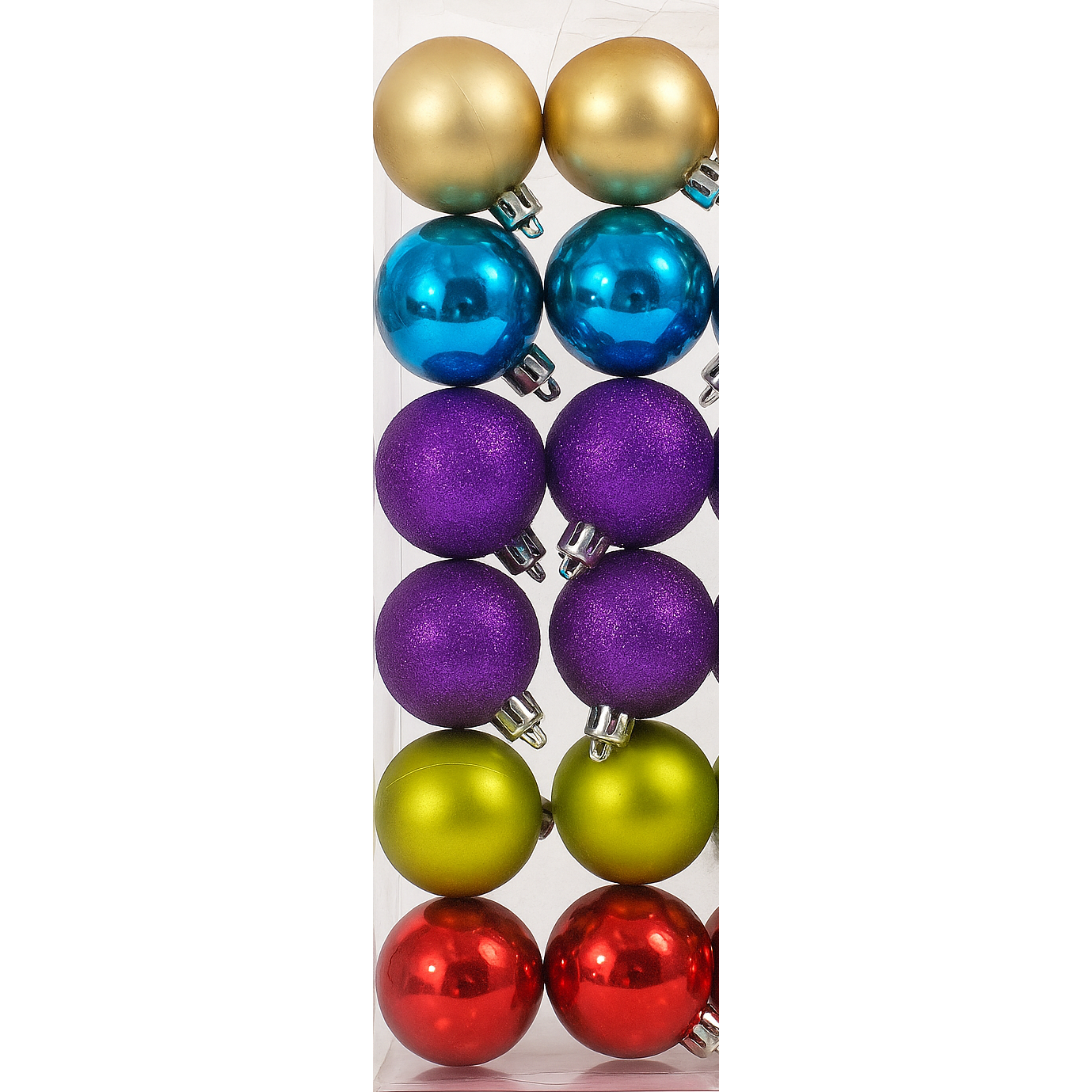 Set of colorful Christmas ornaments in a clear packaging box.