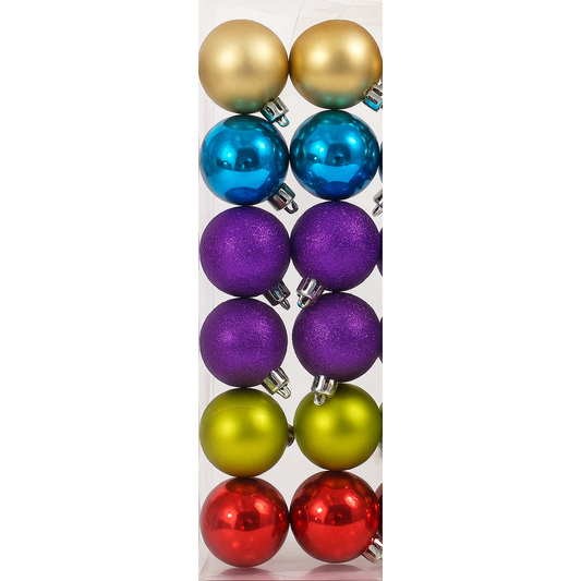 Set of colorful Christmas ornaments in a clear packaging box.