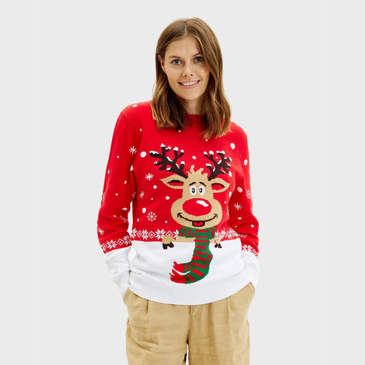 Festive Couple's Ugly Christmas Sweater with Reindeer and Scarf