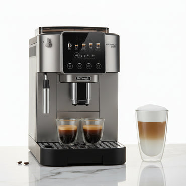 De'Longhi coffee machine with two cups of coffee and a glass on a white background