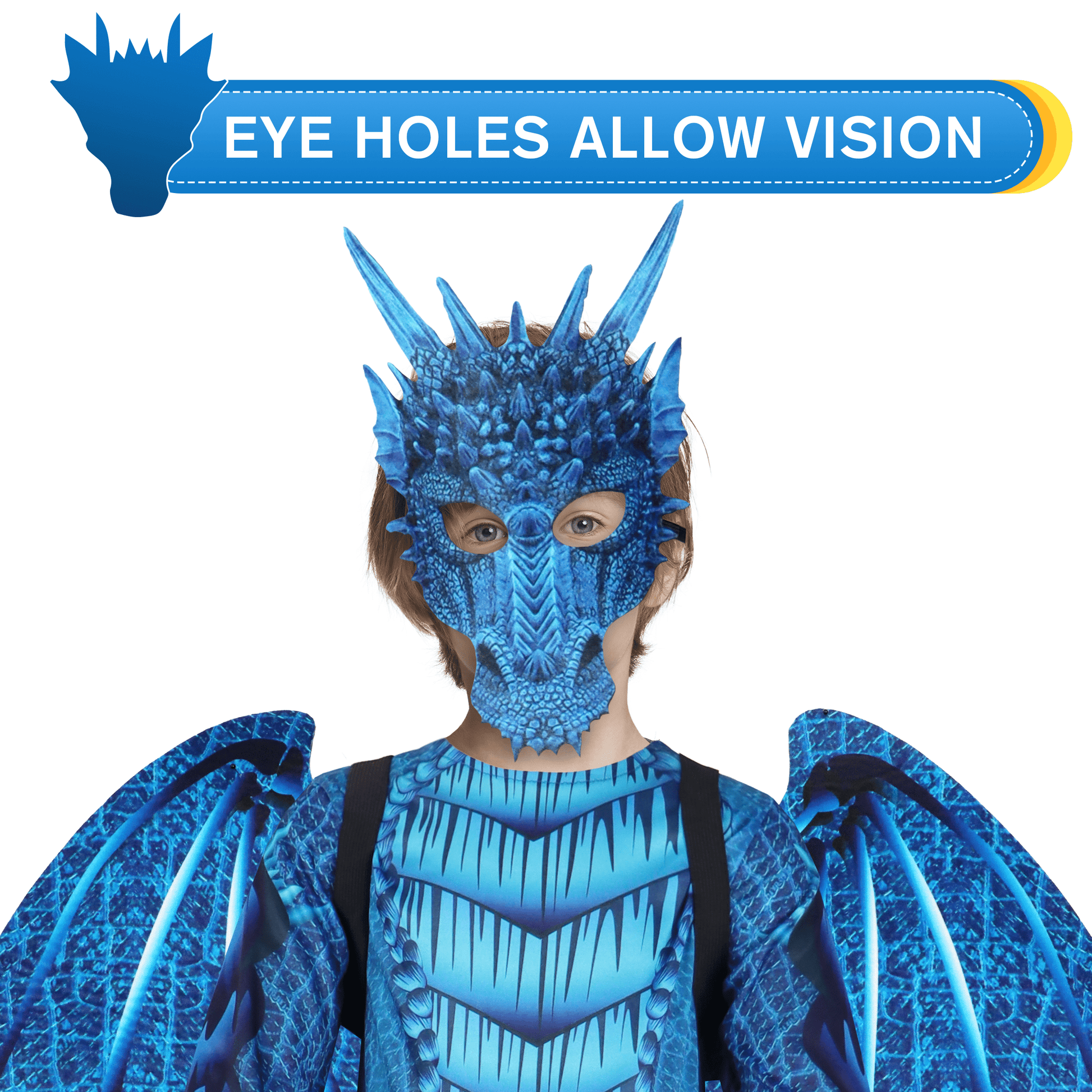 Blue Kids Dragon Costume 3‑Piece Jumpsuit with Wings & Mask
