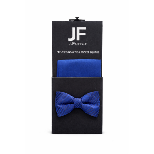 J.Ferrar Pre-Tied Bow Tie & Pocket Square Set – Royal Blue Striped