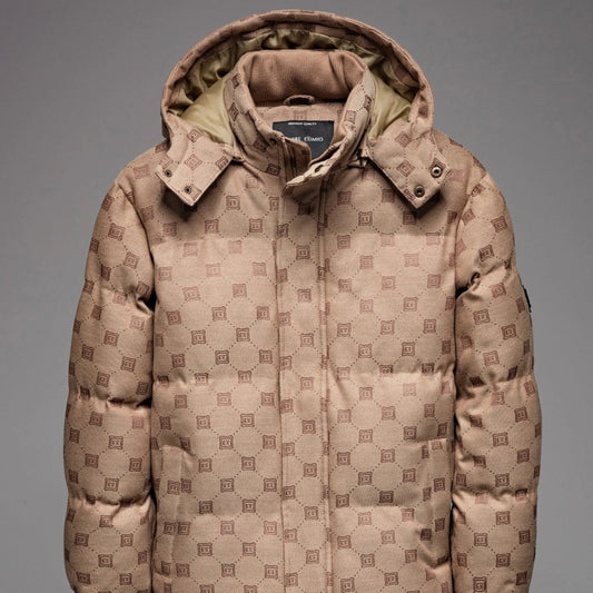 Men's Stylish Jacquard Pattern Puffer Jacket - Warm Insulated Brown Winter Coat