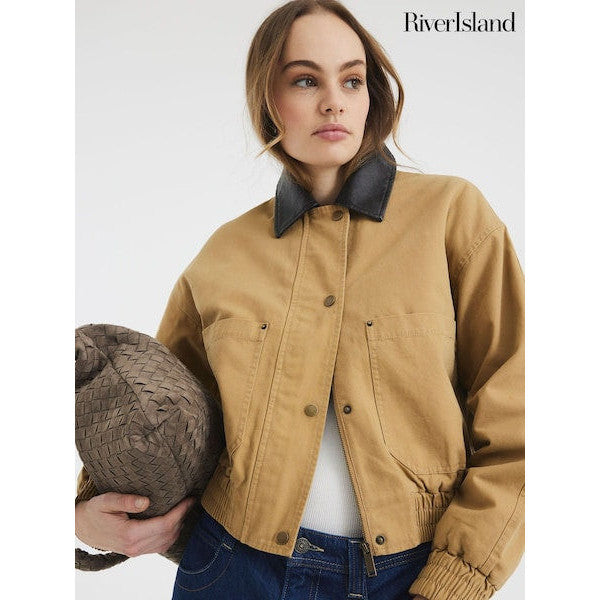 River Island Women's Brown Cotton Bomber Jacket with Faux Leather Collar