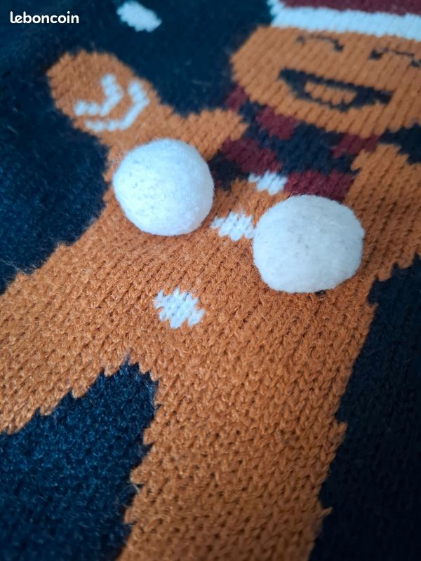 Cozy Gingerbread Man Christmas Sweater for Kids - Plush Pom-Poms, Navy 12 Year