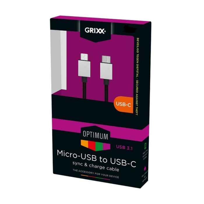 Grixx Optimum Micro USB to USB-C Cable, 10-Foot Black Nylon Braided