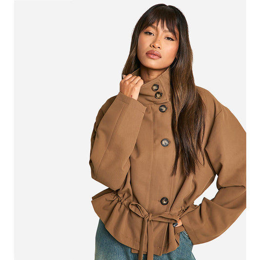 Chic Camel Belted Long Sleeve Coat for Women - Elegant Outerwear