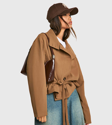 Chic Camel Belted Long Sleeve Coat for Women - Elegant Outerwear