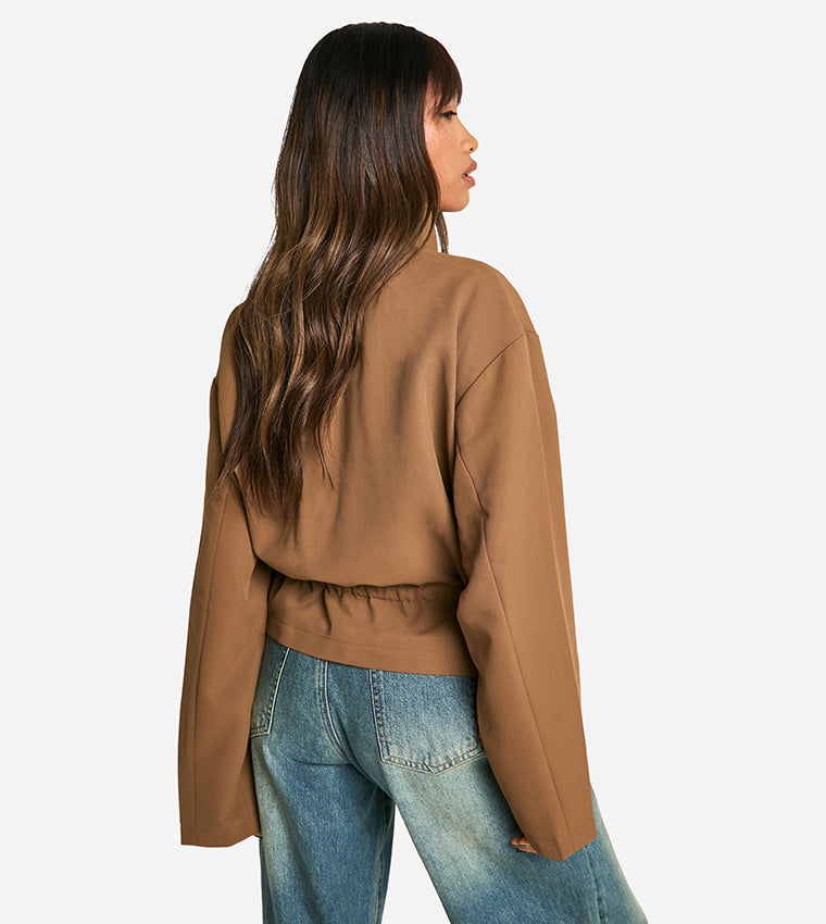 Chic Camel Belted Long Sleeve Coat for Women - Elegant Outerwear