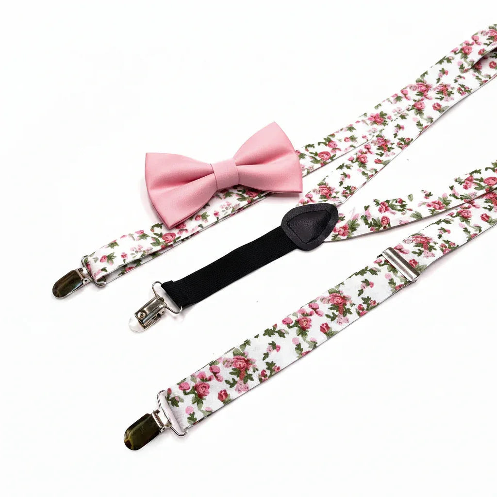 White Floral Wedding Suspenders Red and Green Rose Cotton Necktie Set - Gomix Brands Outlet