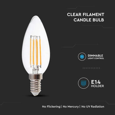 V-TAC 5.5W LED Filament Candle Bulb E14, Clear Cover, 3000K Warm White - Gomix Brands Outlet