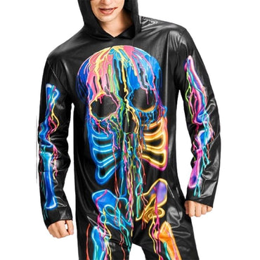 Vibrant Men's Neon Skeleton Costume Full Body Jumpsuit Hooded Halloween Party Outfit