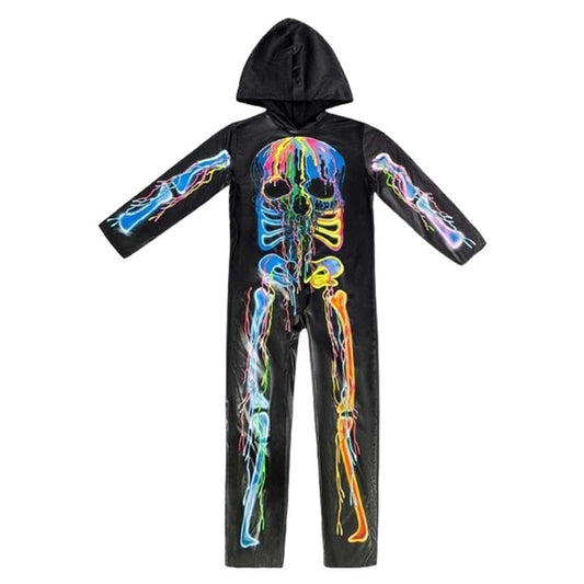 Vibrant Men's Neon Skeleton Costume Full Body Jumpsuit Hooded Halloween Party Outfit