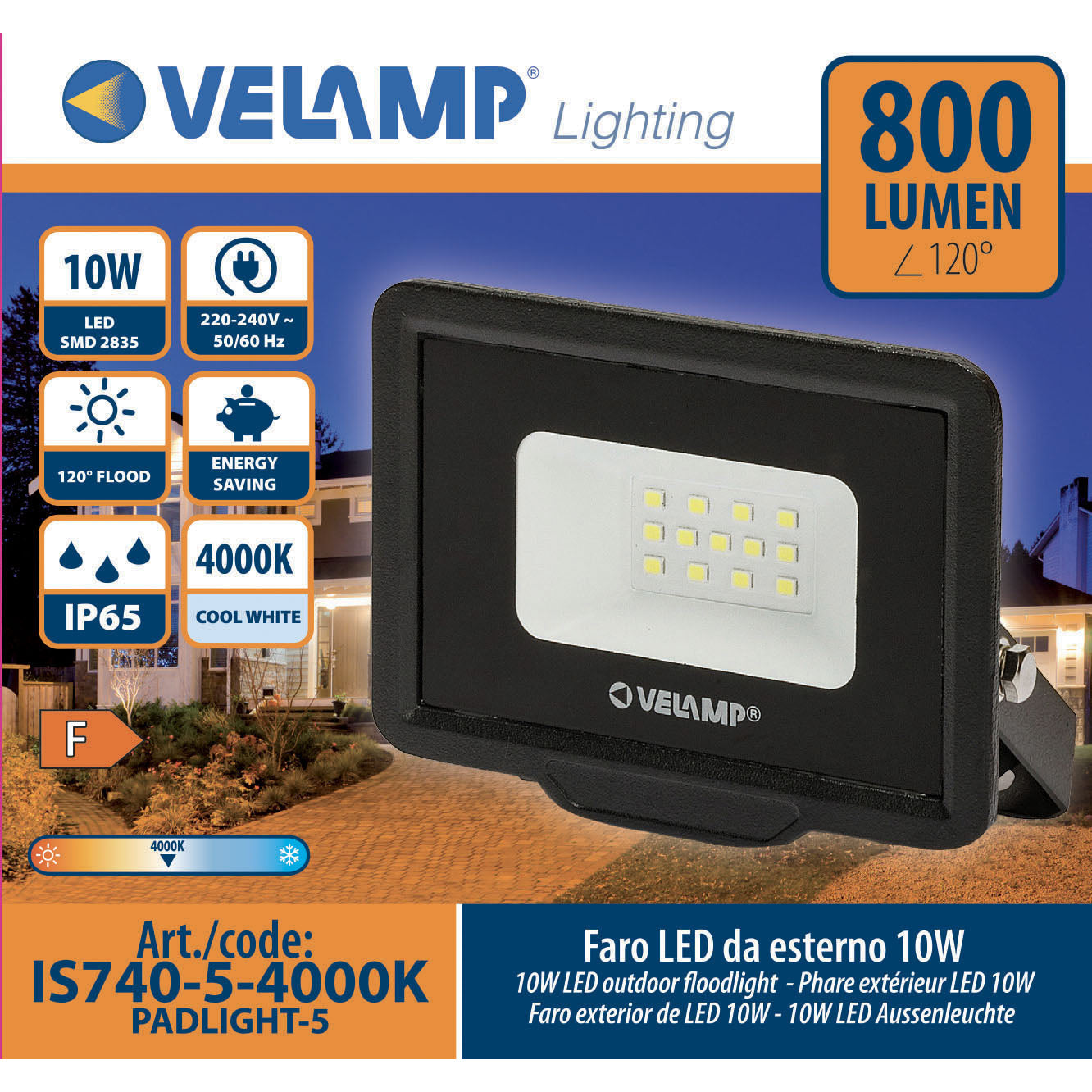 VELAMP PADLIGHT5 10W LED SMD Outdoor Floodlight, IP65, 4000K Natural White