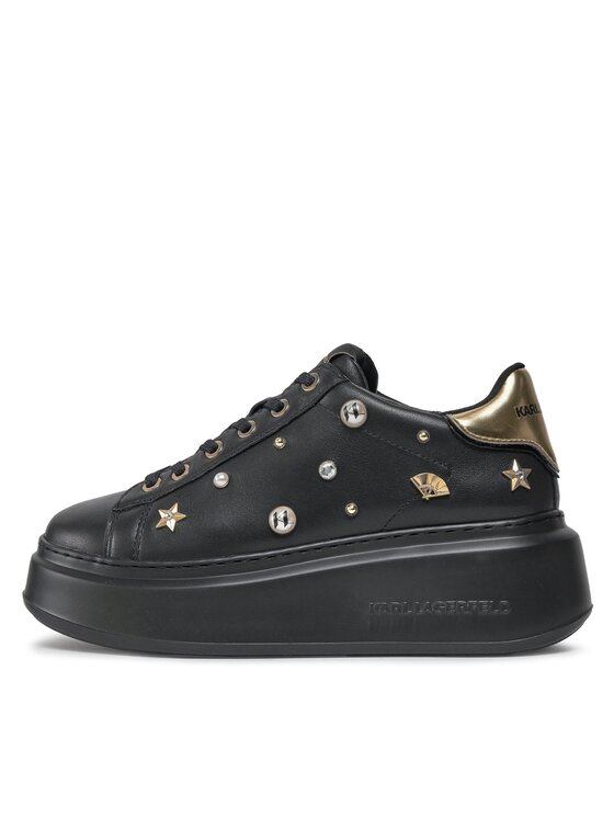 Karl Lagerfeld Women's Black Leather Platform Sneakers with Stud Embellishments