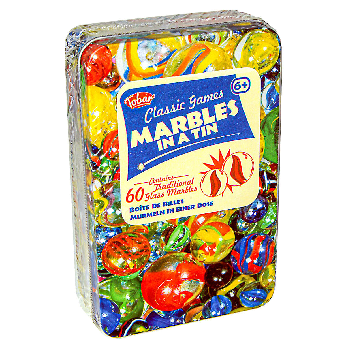Classic Glass Marbles Tin Game with 60 Colorful Marbles