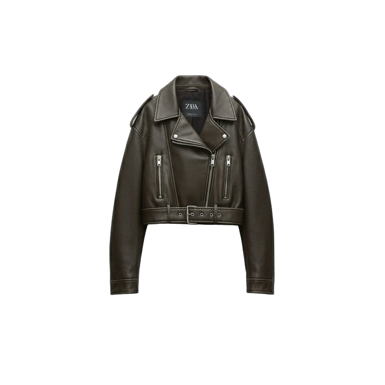 Women's Stylish Olive Green Faux Leather Motorcycle Jacket by Zara, Size Small