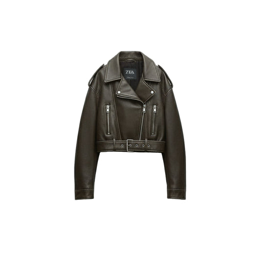Women's Stylish Olive Green Faux Leather Motorcycle Jacket by Zara, Size Small