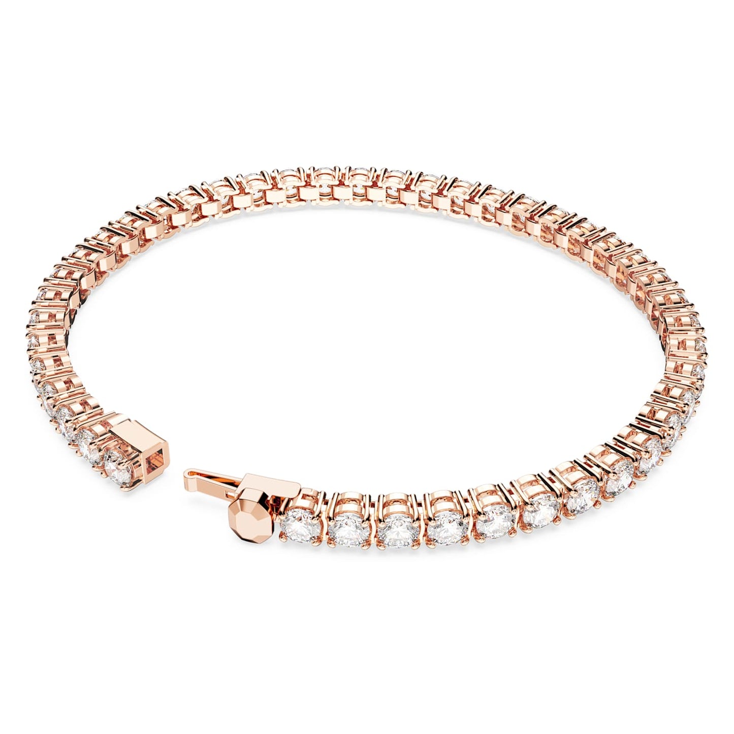 Rose gold bracelet with clear stones on a white background