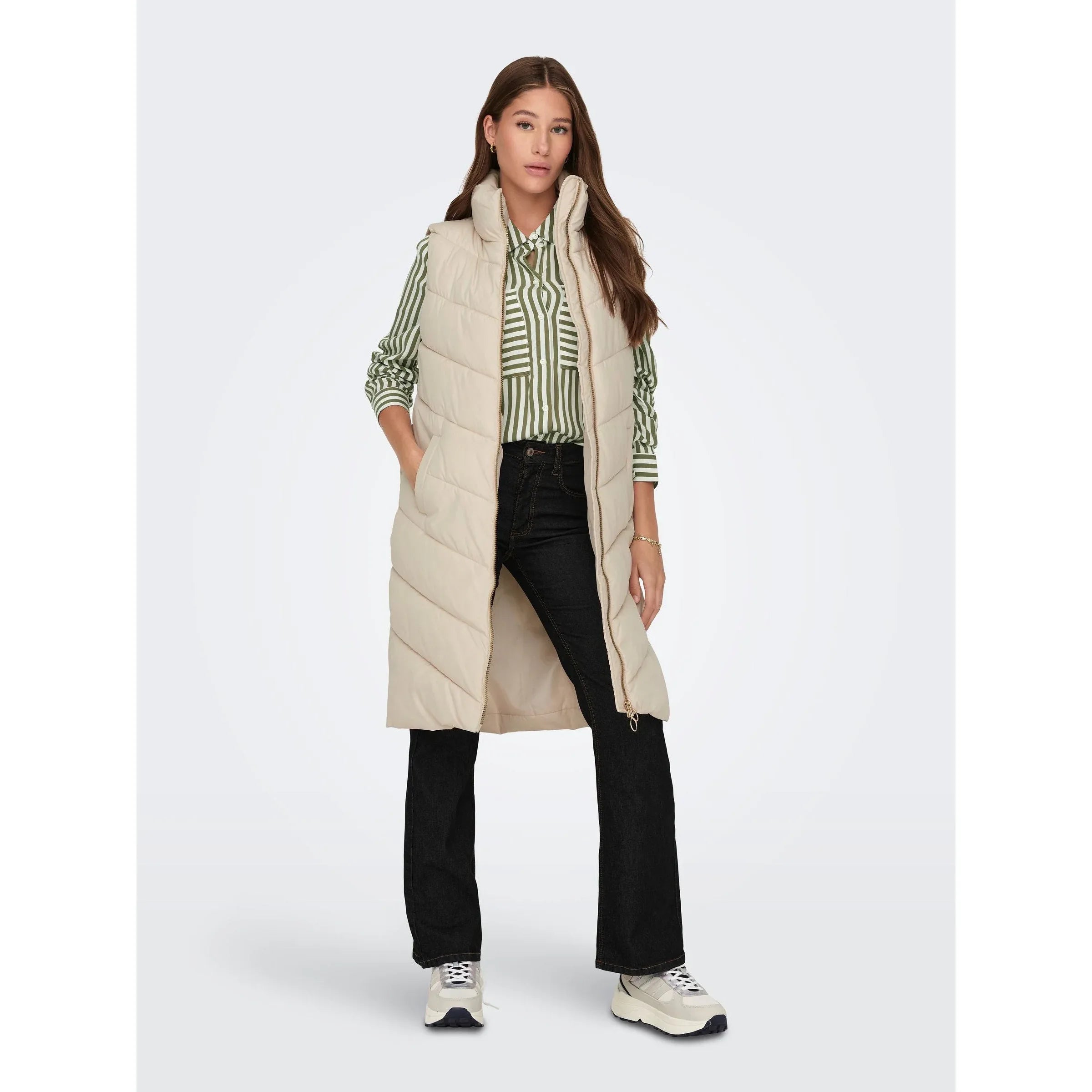 JDY Women's Cream Longline Padded Quilted Gilet Vest for Style and Warmth - Gomix Brands Outlet