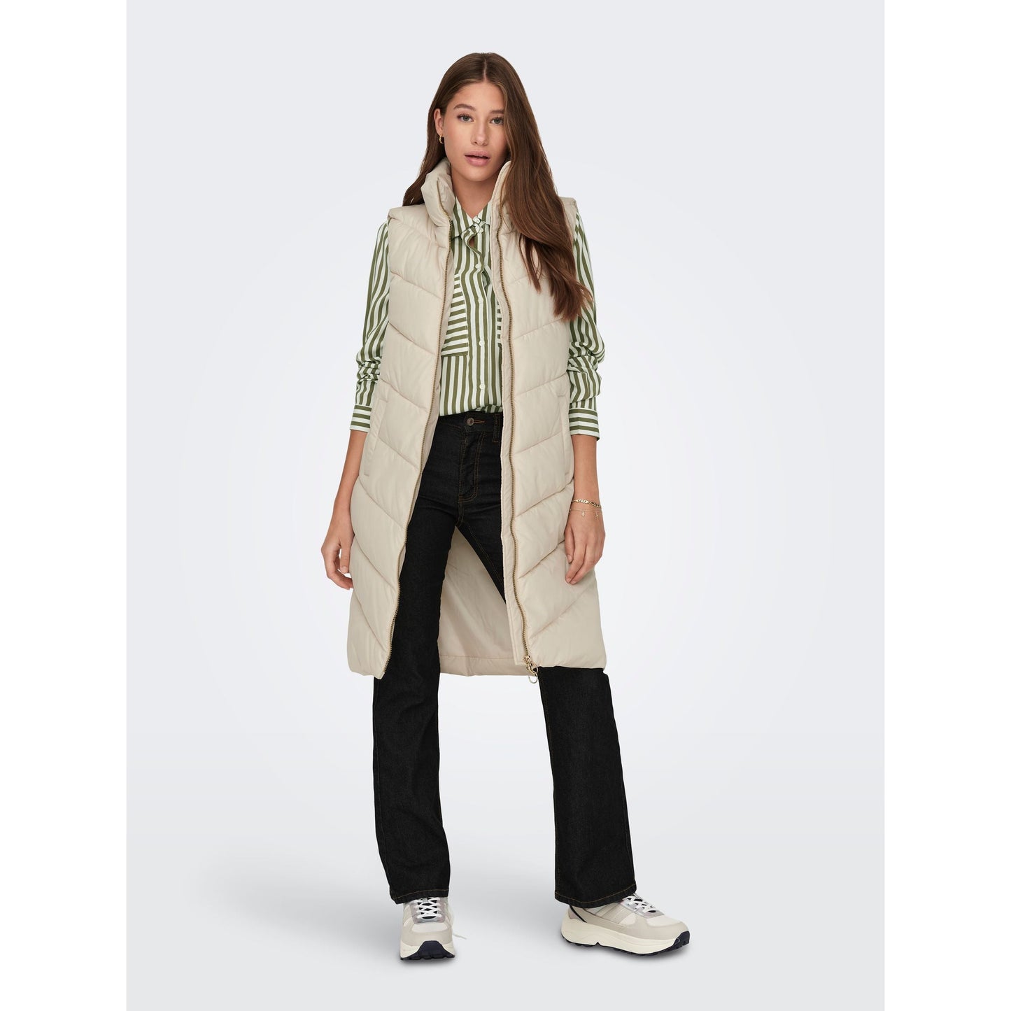 JDY Women's Cream Longline Padded Quilted Gilet Vest for Style and Warmth