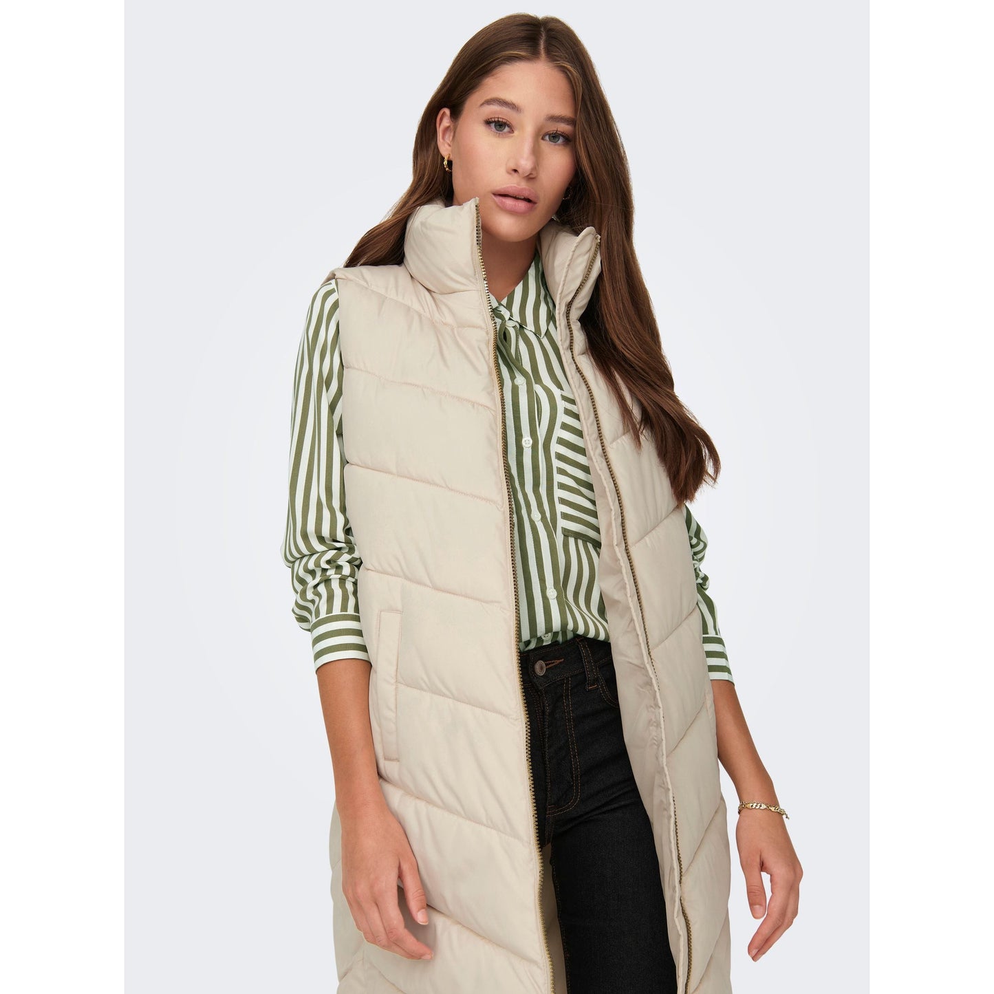 JDY Women's Cream Longline Padded Quilted Gilet Vest for Style and Warmth