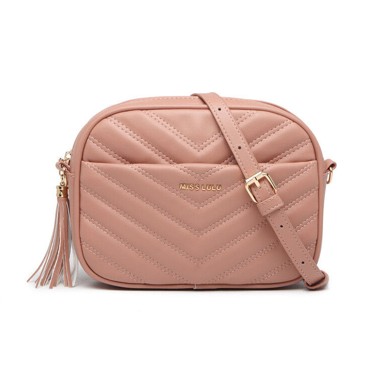 Chic Pink Quilted Leather Crossbody Bag with Adjustable Strap for Women