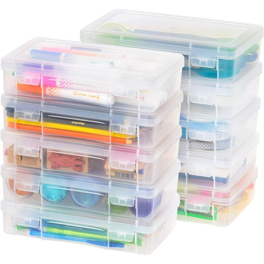 Iris Ohyama Clear Plastic Stackable Organizer Boxes with Snap-Tight Latch, 10-Pack