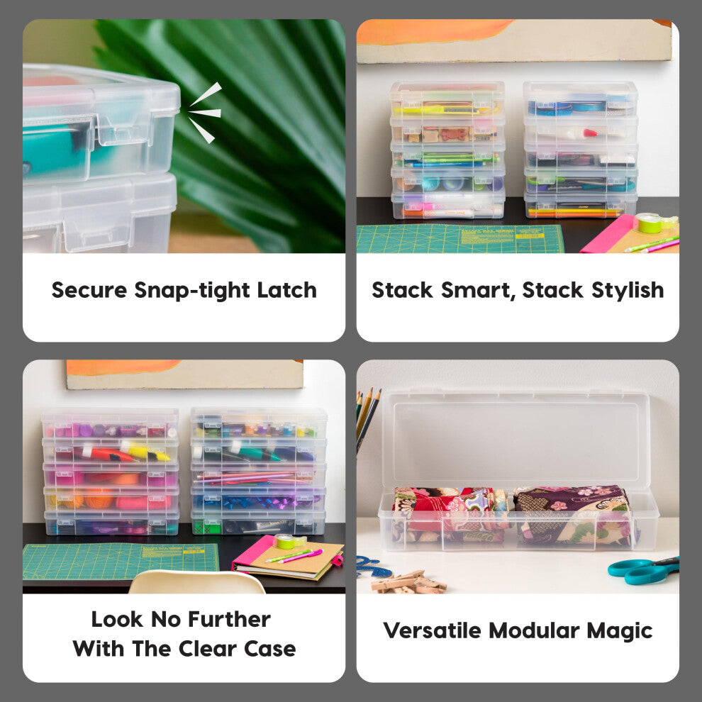 Iris Ohyama Clear Plastic Stackable Organizer Boxes with Snap-Tight Latch, 10-Pack