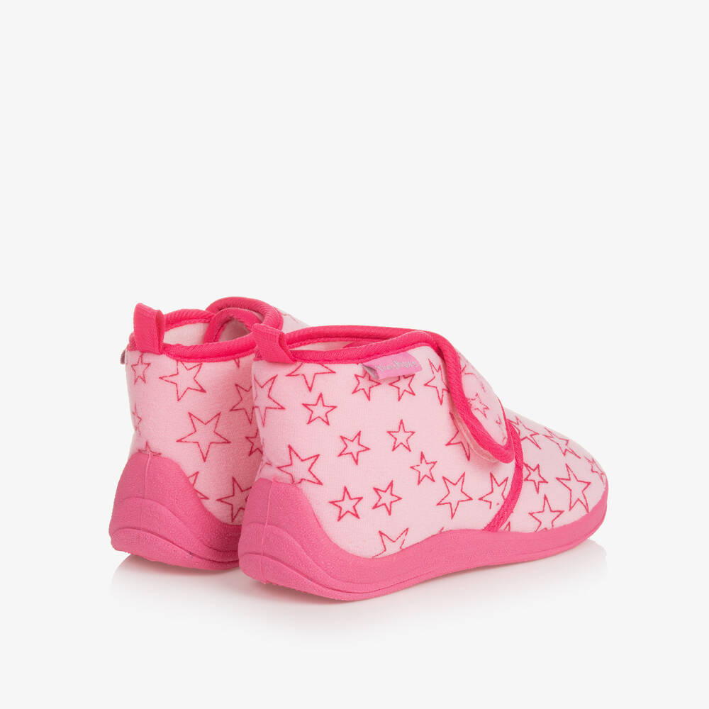Playshoes Girls Pink Star Velour Slippers with Non-Slip Soles & Velcro Straps