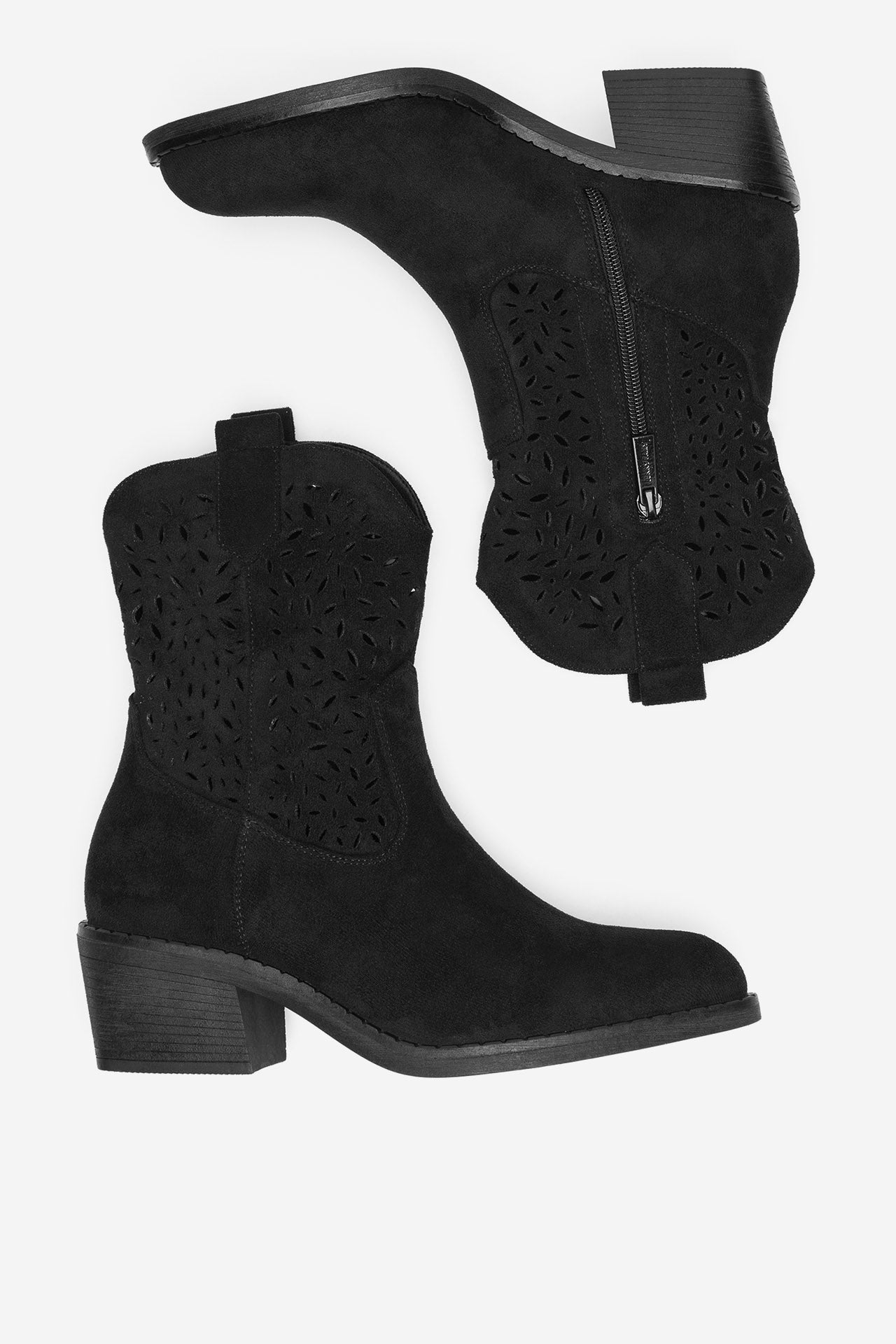 Chic Black Western Ankle Boots with Pointed Toe, Zipper, Block Heel