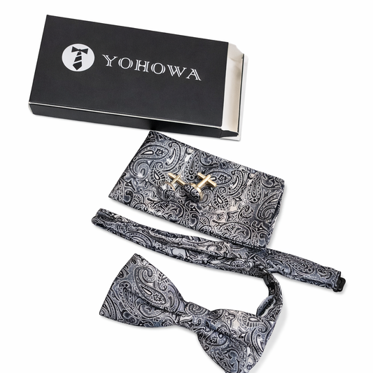 Yohowa Men's Gray Paisley Cufflinks Bow Tie and Handkerchief Set