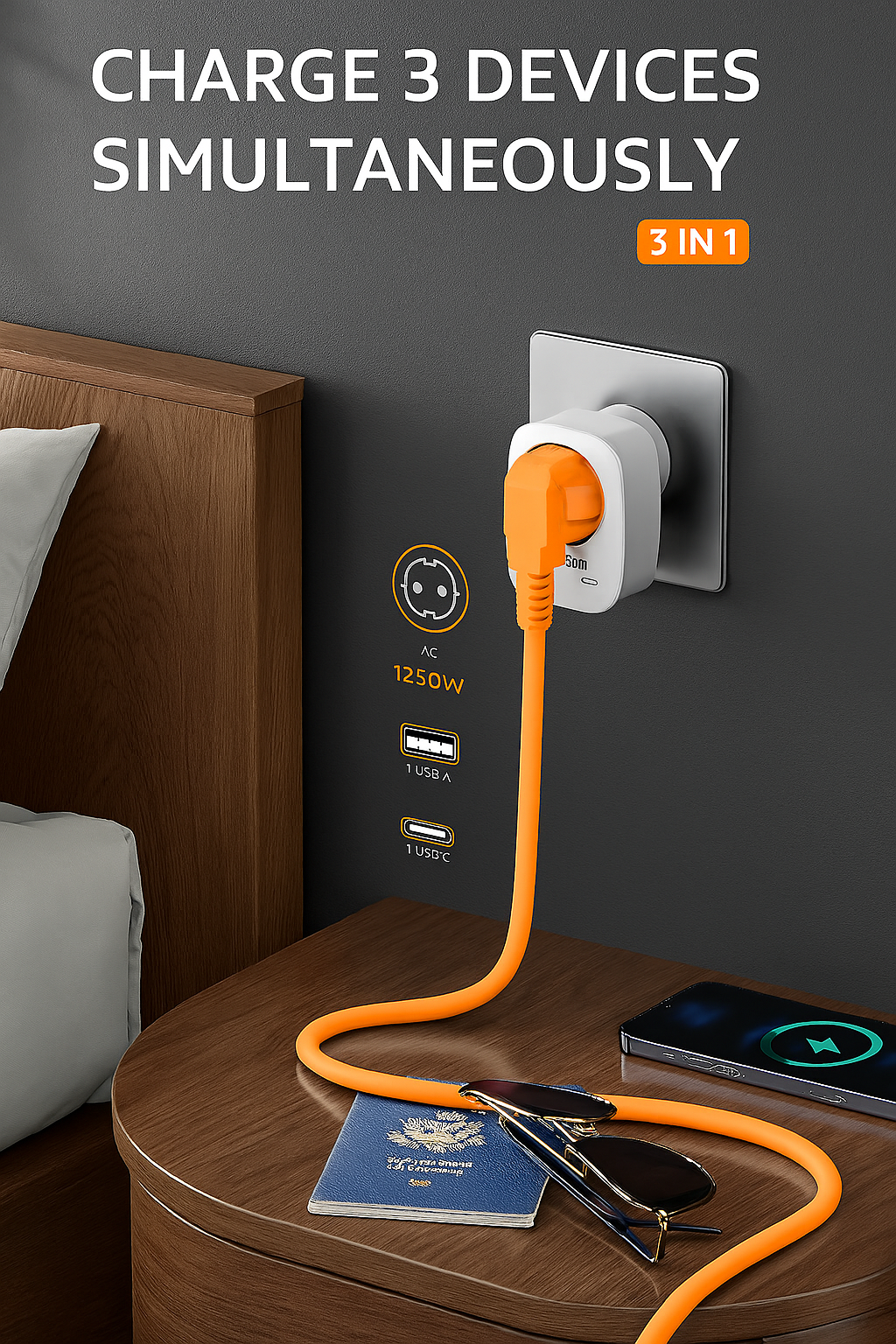 Compact USA Travel Adapter with USB-C and USB-A Ports, 3-in-1 Design