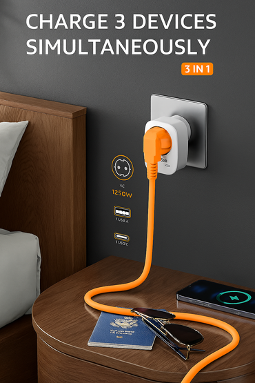 Compact USA Travel Adapter with USB-C and USB-A Ports, 3-in-1 Design - Gomix Brands Outlet