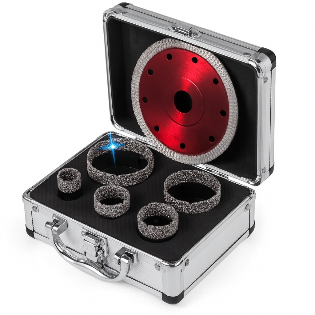Red diamond wheel and four gray rings in a silver case on a white background