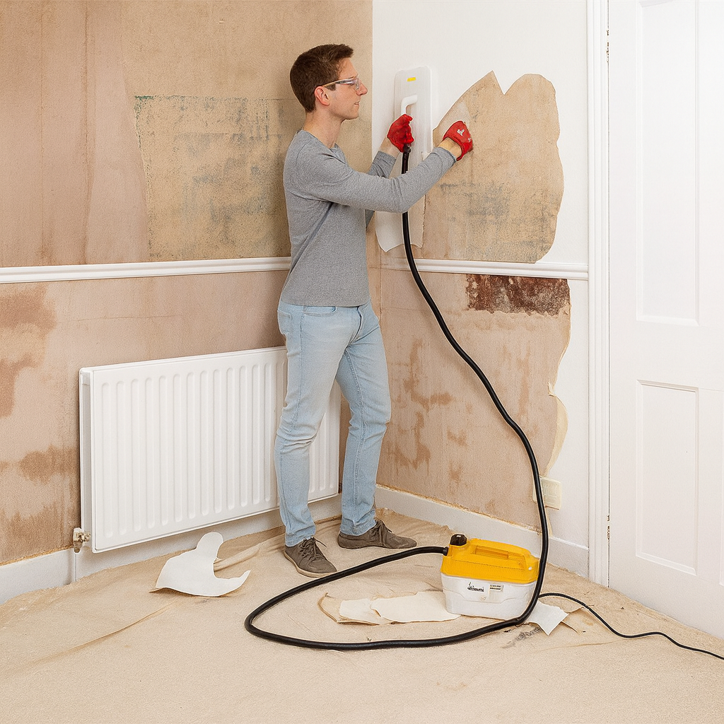 Person using a steam cleaner on a wall during home renovation.