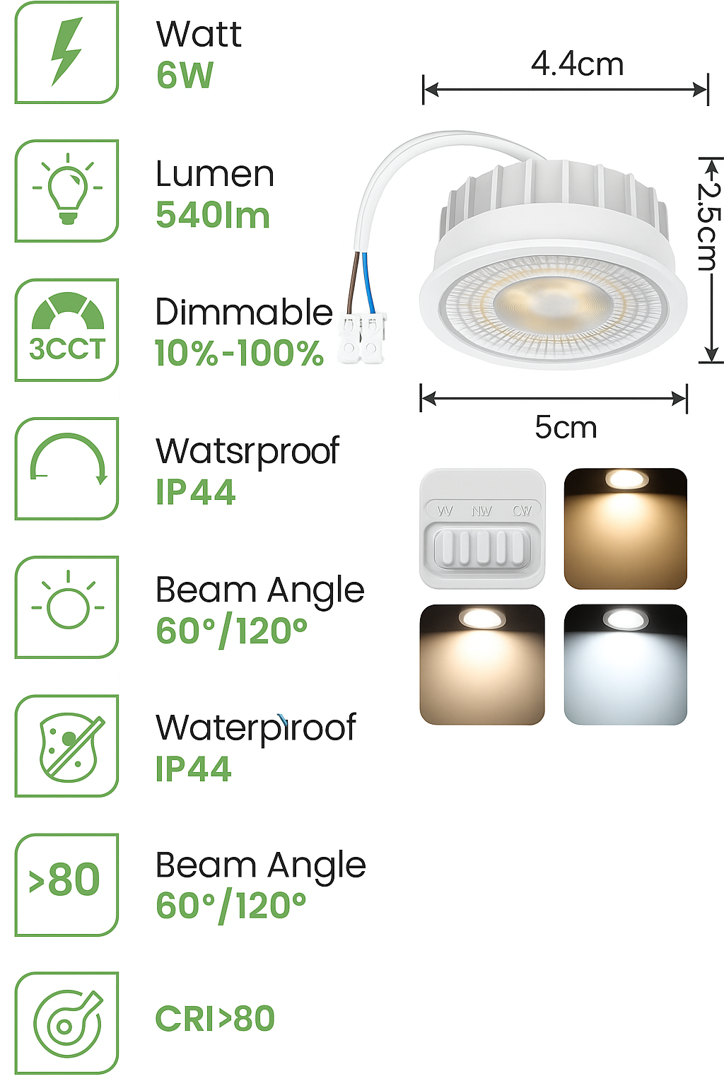 ALUSSO 6W LED Module for Recessed Spotlights - Dimmable, IP44 Waterproof